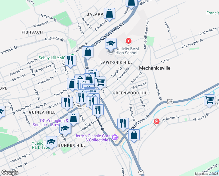 map of restaurants, bars, coffee shops, grocery stores, and more near 409 East Market Street in Pottsville
