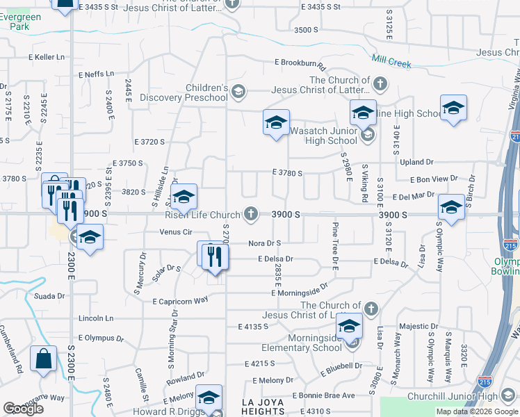 map of restaurants, bars, coffee shops, grocery stores, and more near 2785 East 3900 South in Salt Lake City