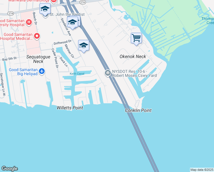 map of restaurants, bars, coffee shops, grocery stores, and more near 115 Anchorage Drive in West Islip