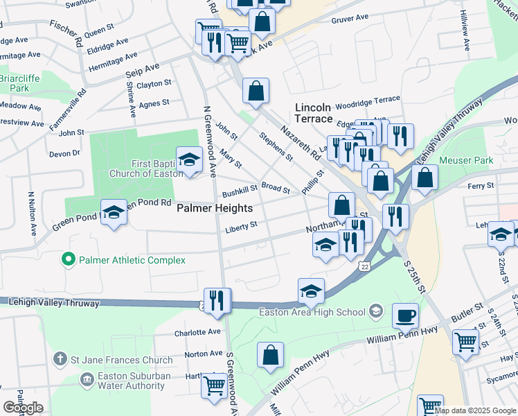 map of restaurants, bars, coffee shops, grocery stores, and more near 2700 Spring Garden Street in Easton