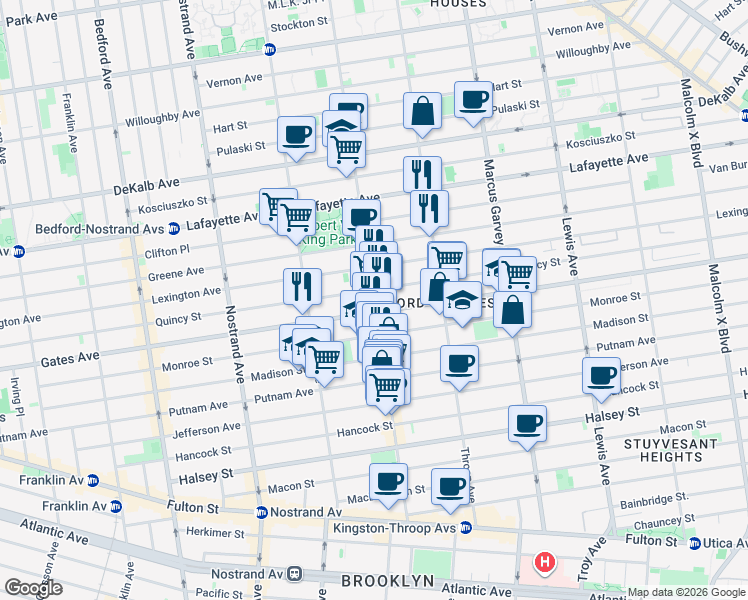 map of restaurants, bars, coffee shops, grocery stores, and more near 309 Tompkins Avenue in Brooklyn