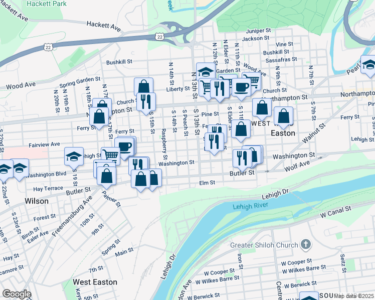 map of restaurants, bars, coffee shops, grocery stores, and more near 200 South Peach Street in Easton