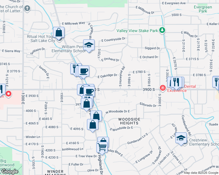 map of restaurants, bars, coffee shops, grocery stores, and more near 1801 East 3900 South in Salt Lake City