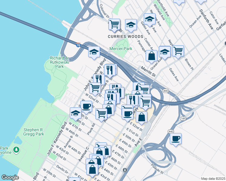 map of restaurants, bars, coffee shops, grocery stores, and more near 79 West 55th Street in Bayonne