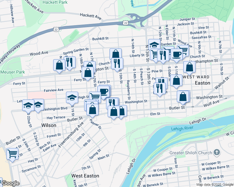 map of restaurants, bars, coffee shops, grocery stores, and more near 1521 Lehigh Street in Easton