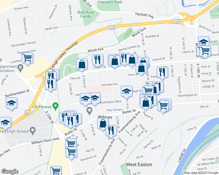 map of restaurants, bars, coffee shops, grocery stores, and more near 149 South 20th Street in Easton