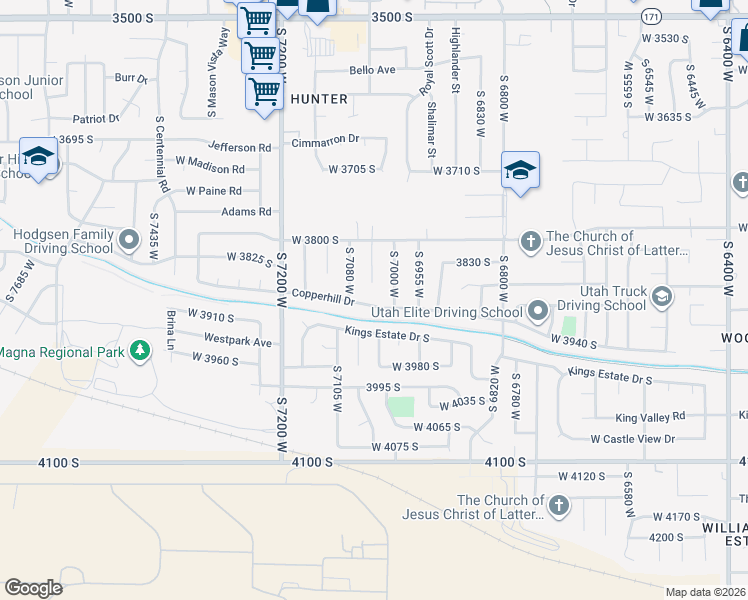 map of restaurants, bars, coffee shops, grocery stores, and more near 7034 Copperhill Drive in West Valley City