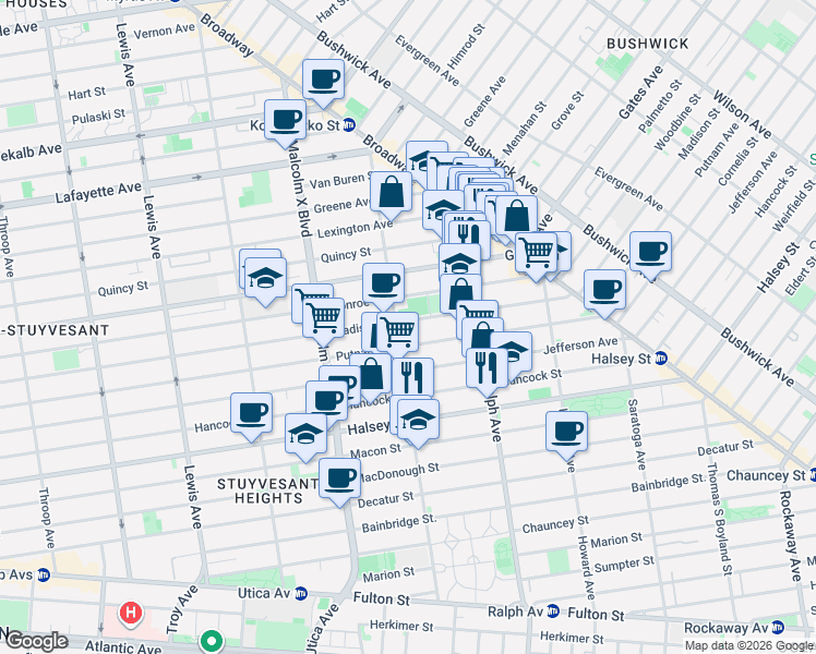 map of restaurants, bars, coffee shops, grocery stores, and more near 792 Madison Street in Brooklyn