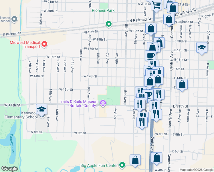 map of restaurants, bars, coffee shops, grocery stores, and more near 1301 7th Avenue in Kearney