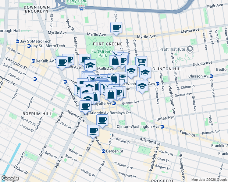 map of restaurants, bars, coffee shops, grocery stores, and more near Lafayette Ave & S Oxford St in Brooklyn