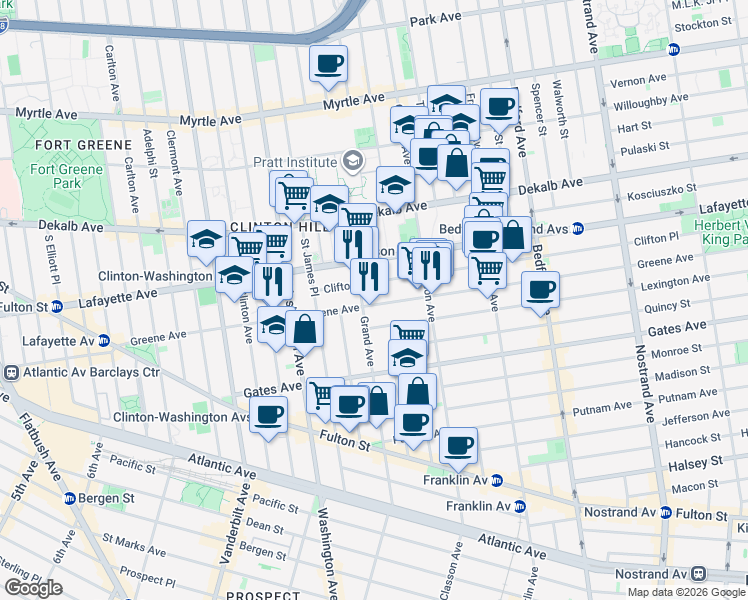 map of restaurants, bars, coffee shops, grocery stores, and more near 243 Greene Avenue in Brooklyn