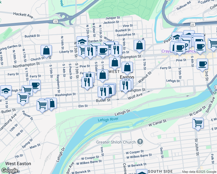 map of restaurants, bars, coffee shops, grocery stores, and more near 1038 Lehigh Street in Easton