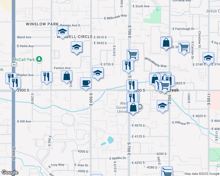 map of restaurants, bars, coffee shops, grocery stores, and more near 602 East Betsey Cove in Millcreek