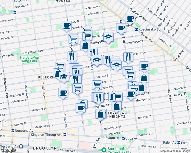 map of restaurants, bars, coffee shops, grocery stores, and more near 547 Monroe Street in Brooklyn