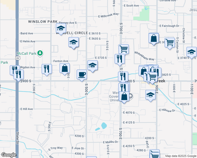 map of restaurants, bars, coffee shops, grocery stores, and more near 568 East Dolores Cove in Millcreek