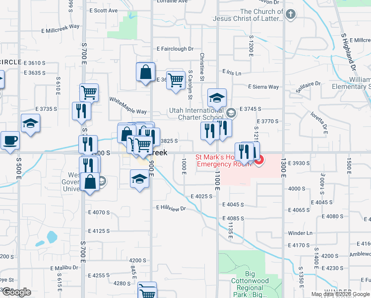 map of restaurants, bars, coffee shops, grocery stores, and more near 1005 East 3900 South in Millcreek