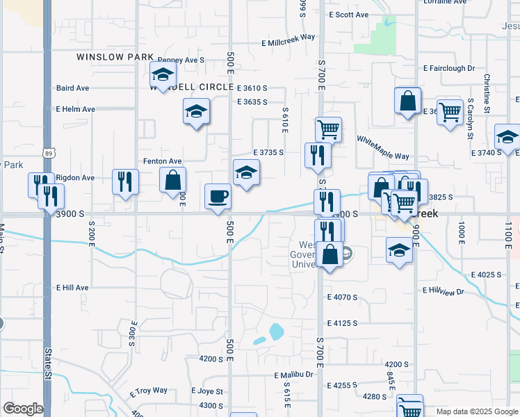 map of restaurants, bars, coffee shops, grocery stores, and more near 566 East Dolores Cove in Millcreek
