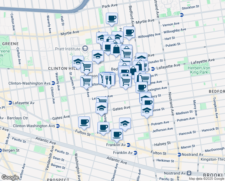map of restaurants, bars, coffee shops, grocery stores, and more near 294 Greene Avenue in Brooklyn