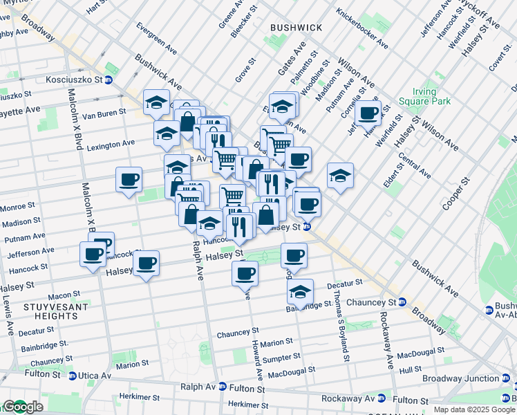 map of restaurants, bars, coffee shops, grocery stores, and more near 1021 Putnam Avenue in Brooklyn