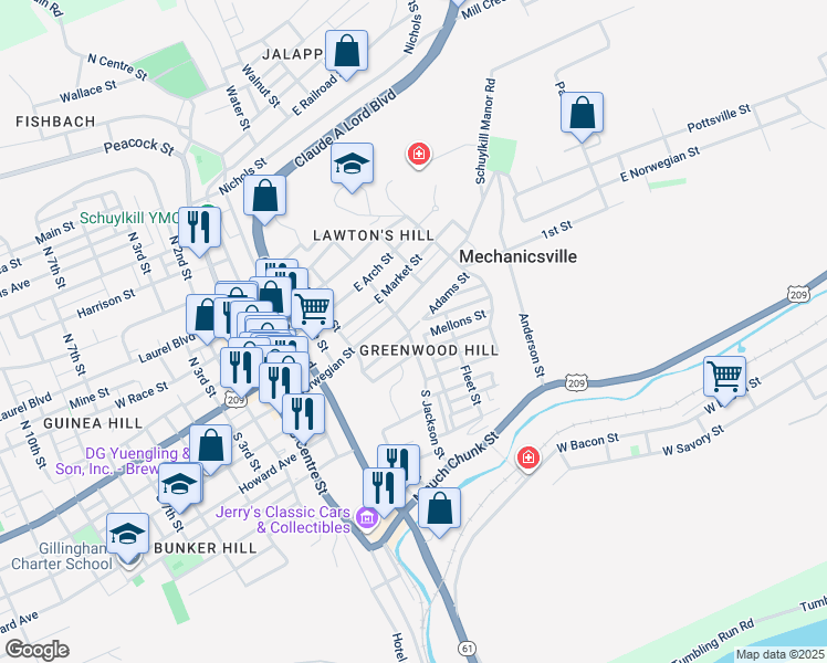 map of restaurants, bars, coffee shops, grocery stores, and more near 24 South Jackson Street in Pottsville