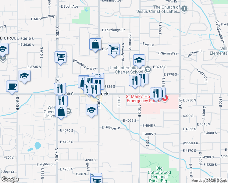 map of restaurants, bars, coffee shops, grocery stores, and more near 971 East 3900 South in Salt Lake City