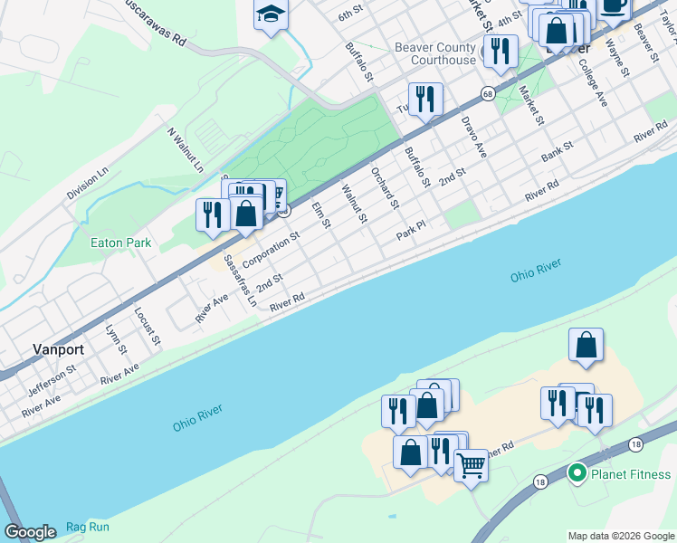 map of restaurants, bars, coffee shops, grocery stores, and more near 1530 River Road in Beaver
