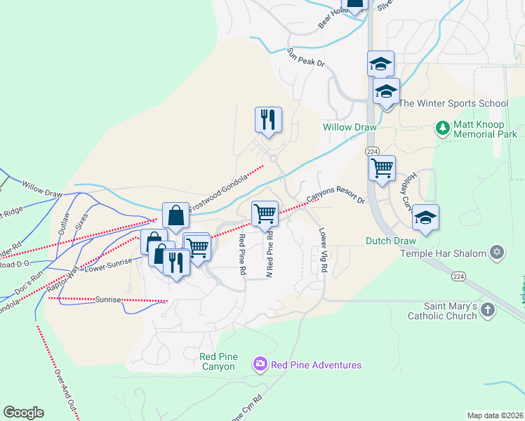 map of restaurants, bars, coffee shops, grocery stores, and more near 2100 Canyons Resort Drive in Park City