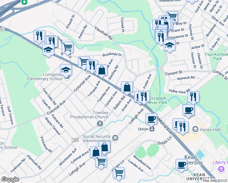 map of restaurants, bars, coffee shops, grocery stores, and more near 986 Carteret Avenue in Union