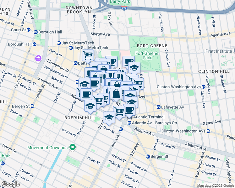 map of restaurants, bars, coffee shops, grocery stores, and more near 96 Rockwell Place in Brooklyn