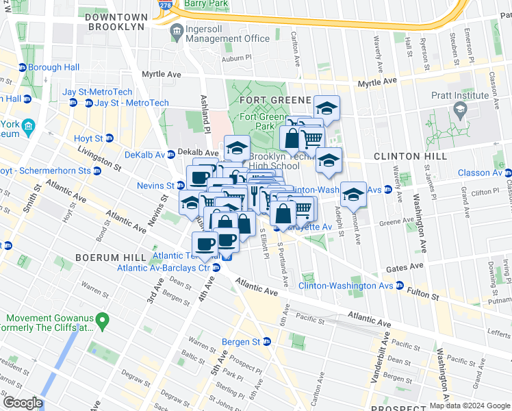 map of restaurants, bars, coffee shops, grocery stores, and more near 69 Lafayette Avenue in Brooklyn