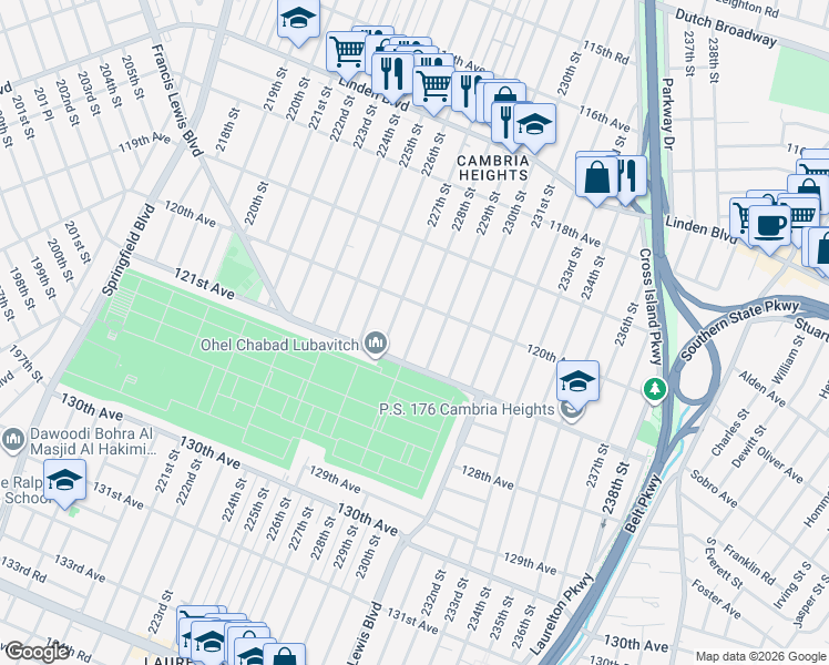map of restaurants, bars, coffee shops, grocery stores, and more near 120-12 229th Street in Queens