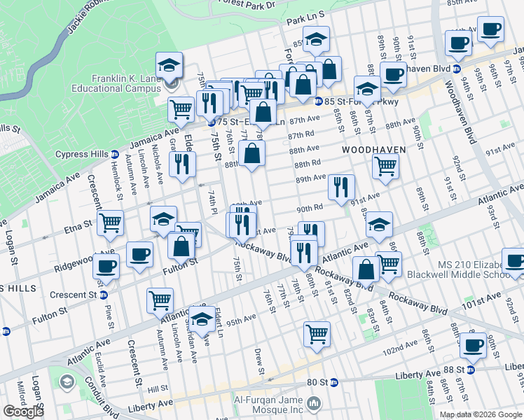 map of restaurants, bars, coffee shops, grocery stores, and more near 90-10 78th Street in Queens