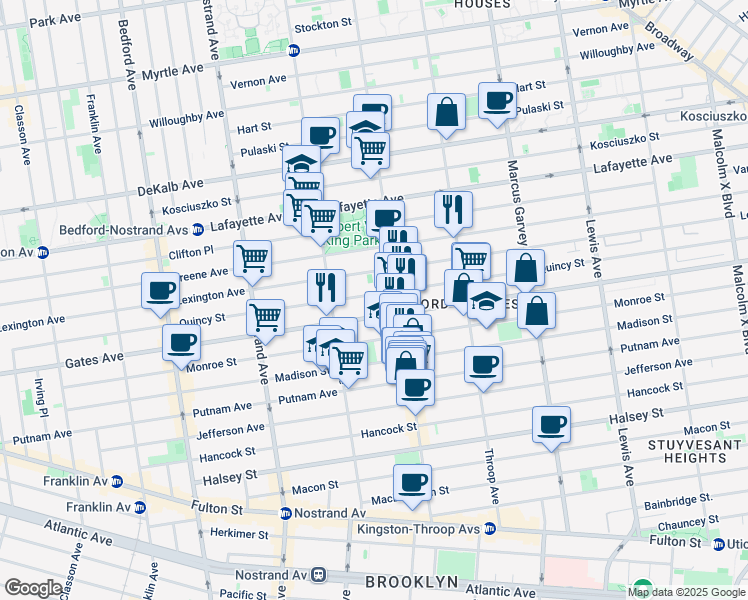 map of restaurants, bars, coffee shops, grocery stores, and more near 382 Quincy Street in Brooklyn