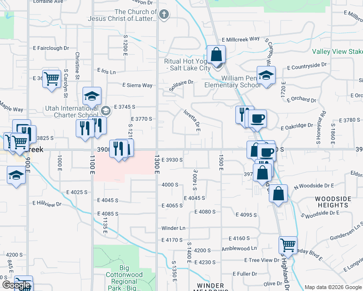 map of restaurants, bars, coffee shops, grocery stores, and more near 1377 East 3900 South in Millcreek
