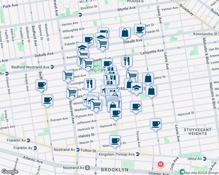 map of restaurants, bars, coffee shops, grocery stores, and more near 386 Quincy Street in Brooklyn