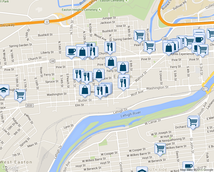 map of restaurants, bars, coffee shops, grocery stores, and more near 1028 Lehigh Street in Easton