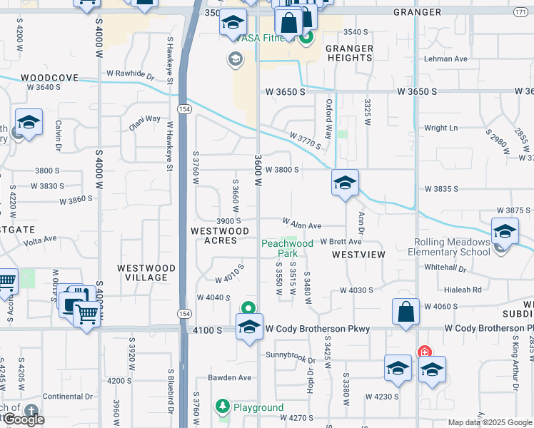 map of restaurants, bars, coffee shops, grocery stores, and more near 3580 West Alan Avenue in West Valley City