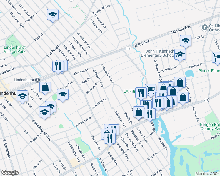 map of restaurants, bars, coffee shops, grocery stores, and more near 5 Vermont Street in Lindenhurst