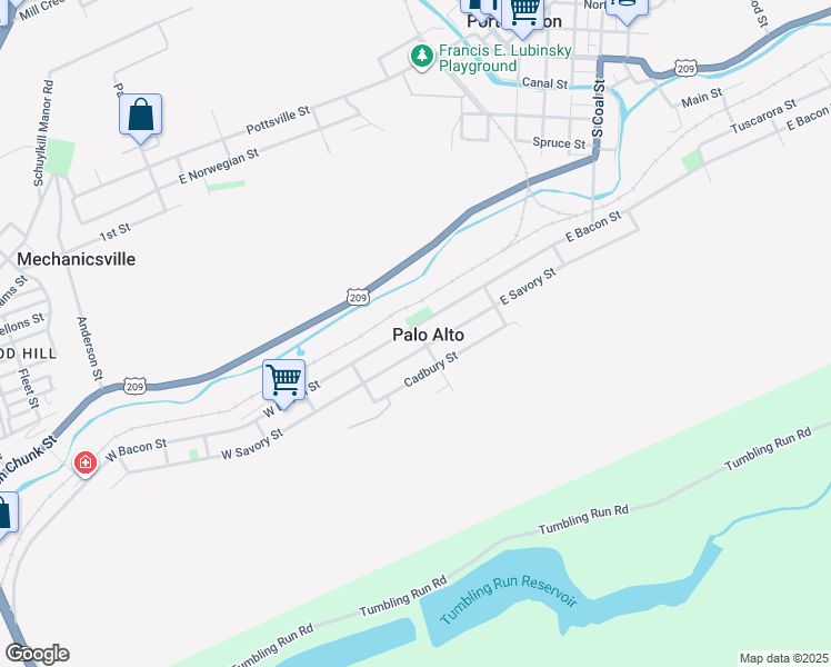 map of restaurants, bars, coffee shops, grocery stores, and more near 64 East Bacon Street in Pottsville