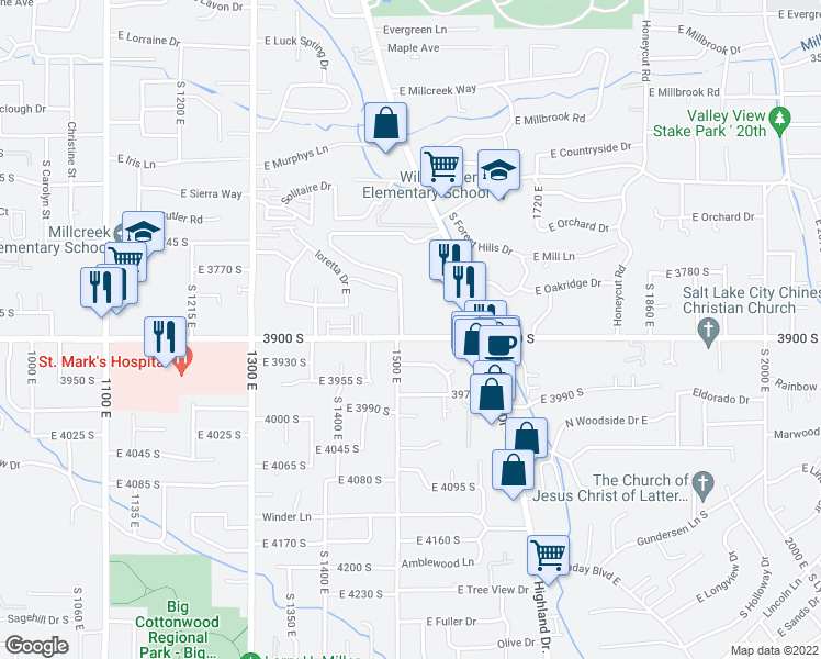 map of restaurants, bars, coffee shops, grocery stores, and more near 1521 East 3900 South in Salt Lake City