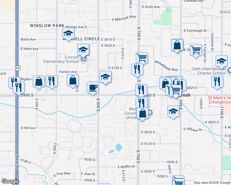 map of restaurants, bars, coffee shops, grocery stores, and more near 599 East Betsey Cove in Millcreek