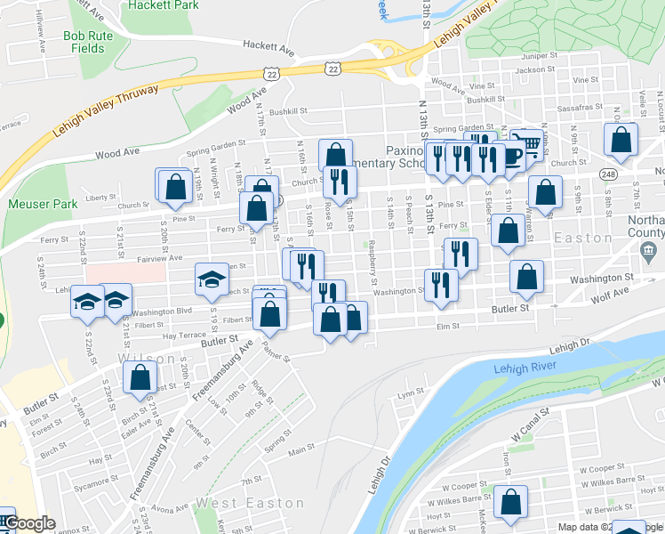 map of restaurants, bars, coffee shops, grocery stores, and more near 1531 Lehigh Street in Easton