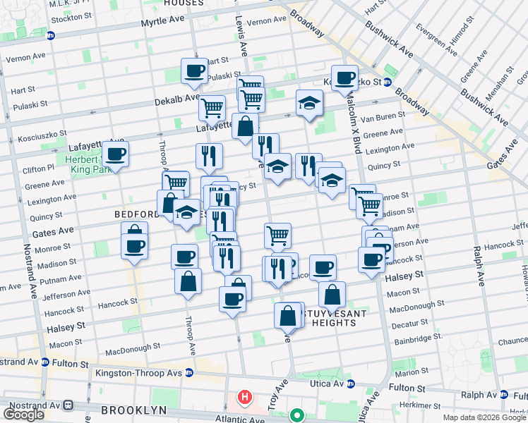 map of restaurants, bars, coffee shops, grocery stores, and more near 515 Monroe Street in Brooklyn