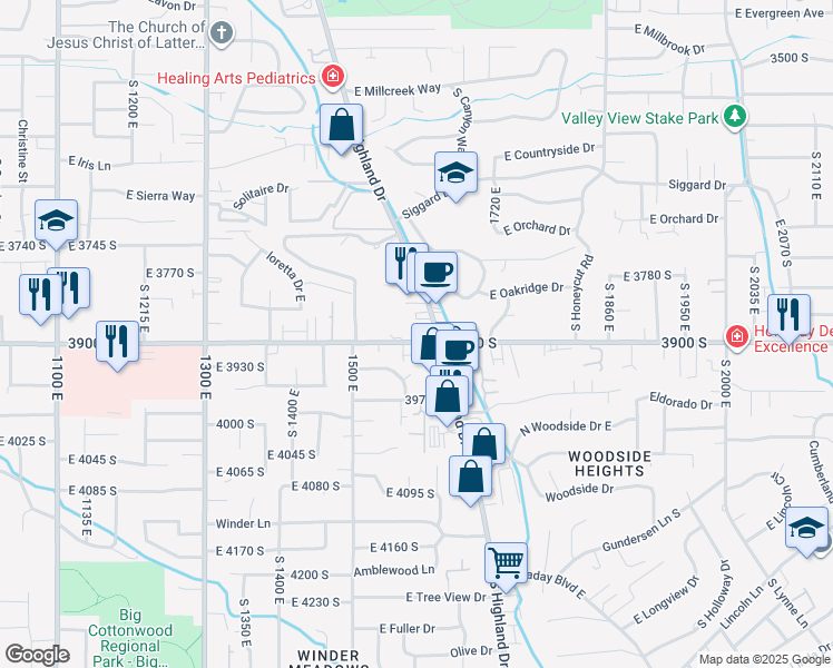 map of restaurants, bars, coffee shops, grocery stores, and more near 1587 East 3900 South in Salt Lake City
