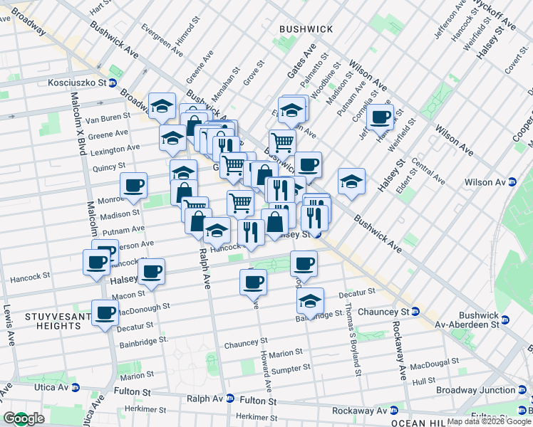 map of restaurants, bars, coffee shops, grocery stores, and more near 1021 Putnam Avenue in Brooklyn