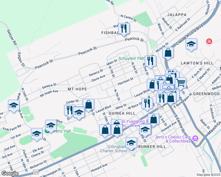 map of restaurants, bars, coffee shops, grocery stores, and more near 717 Harrison Street in Pottsville