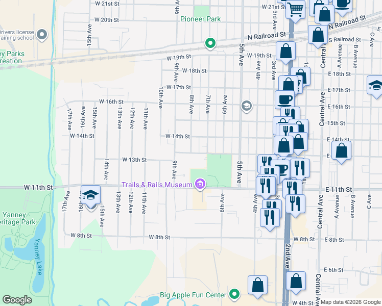 map of restaurants, bars, coffee shops, grocery stores, and more near 1300 8th Avenue in Kearney