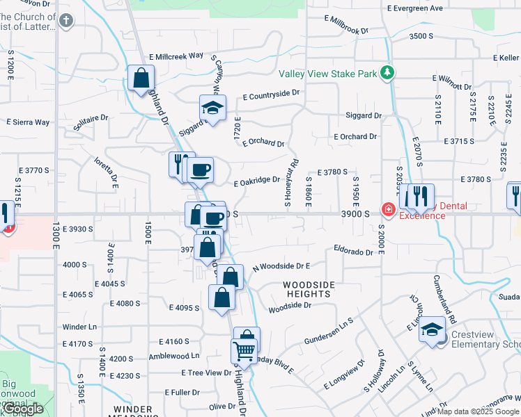 map of restaurants, bars, coffee shops, grocery stores, and more near 1801 East 3900 South in Salt Lake City