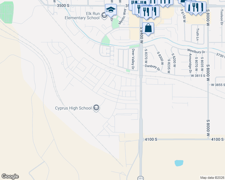 map of restaurants, bars, coffee shops, grocery stores, and more near 8567 West Meadow Bank Way in Magna