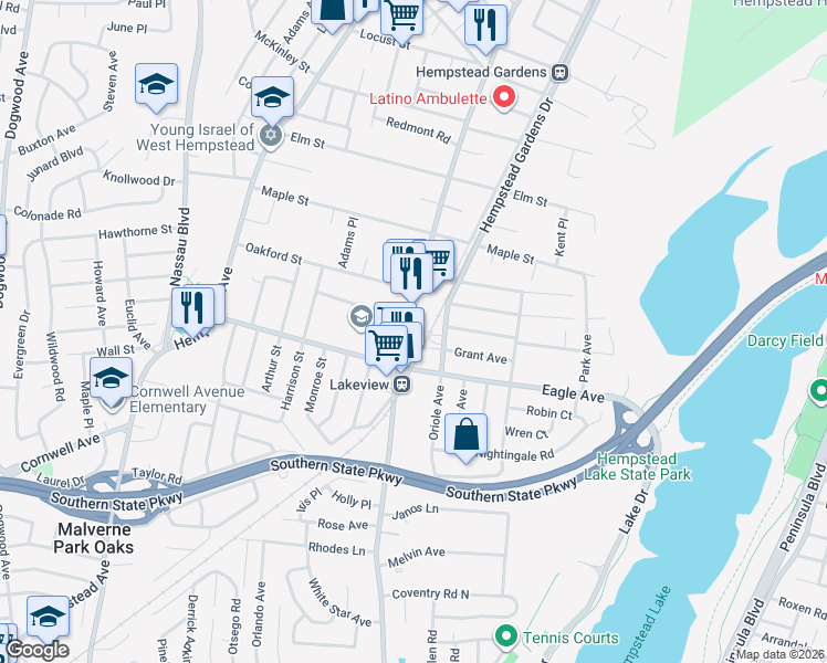 map of restaurants, bars, coffee shops, grocery stores, and more near 637 Woodfield Road in West Hempstead